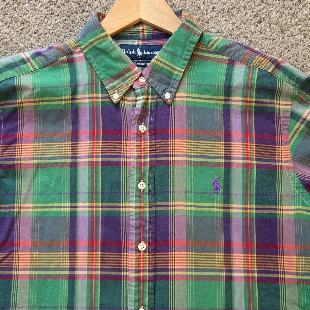 Polo Ralph Lauren Madras Plaid Short Sleeve Shirt Mens XL Green Purple Classic